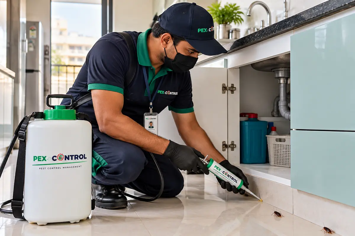 Technician applying gel along the base of kitchen cabinets under the sink