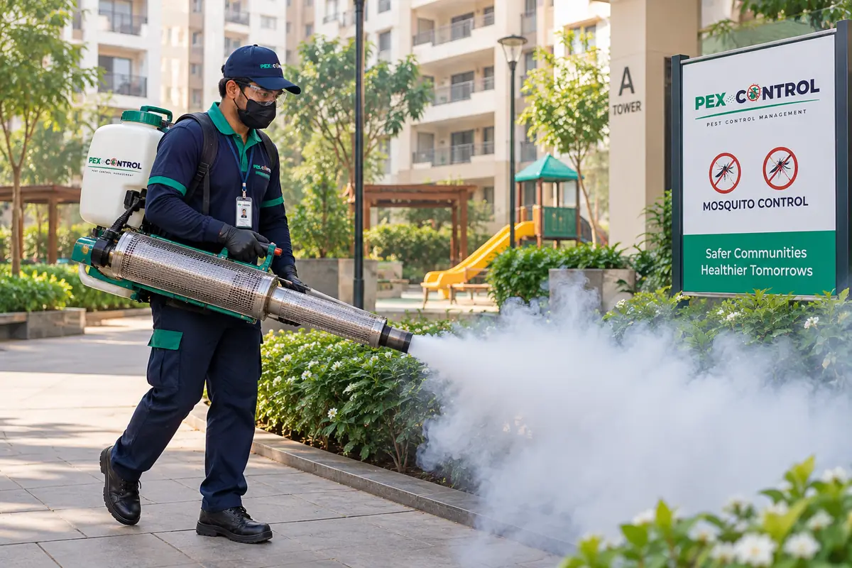 Technician fogging the garden of a housing society for mosquito control