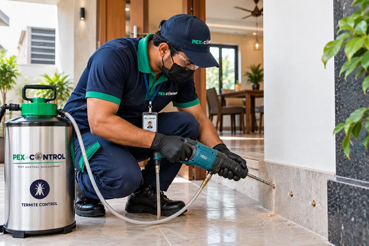 Technician drilling holes along the base of a wall for anti-termite treatment