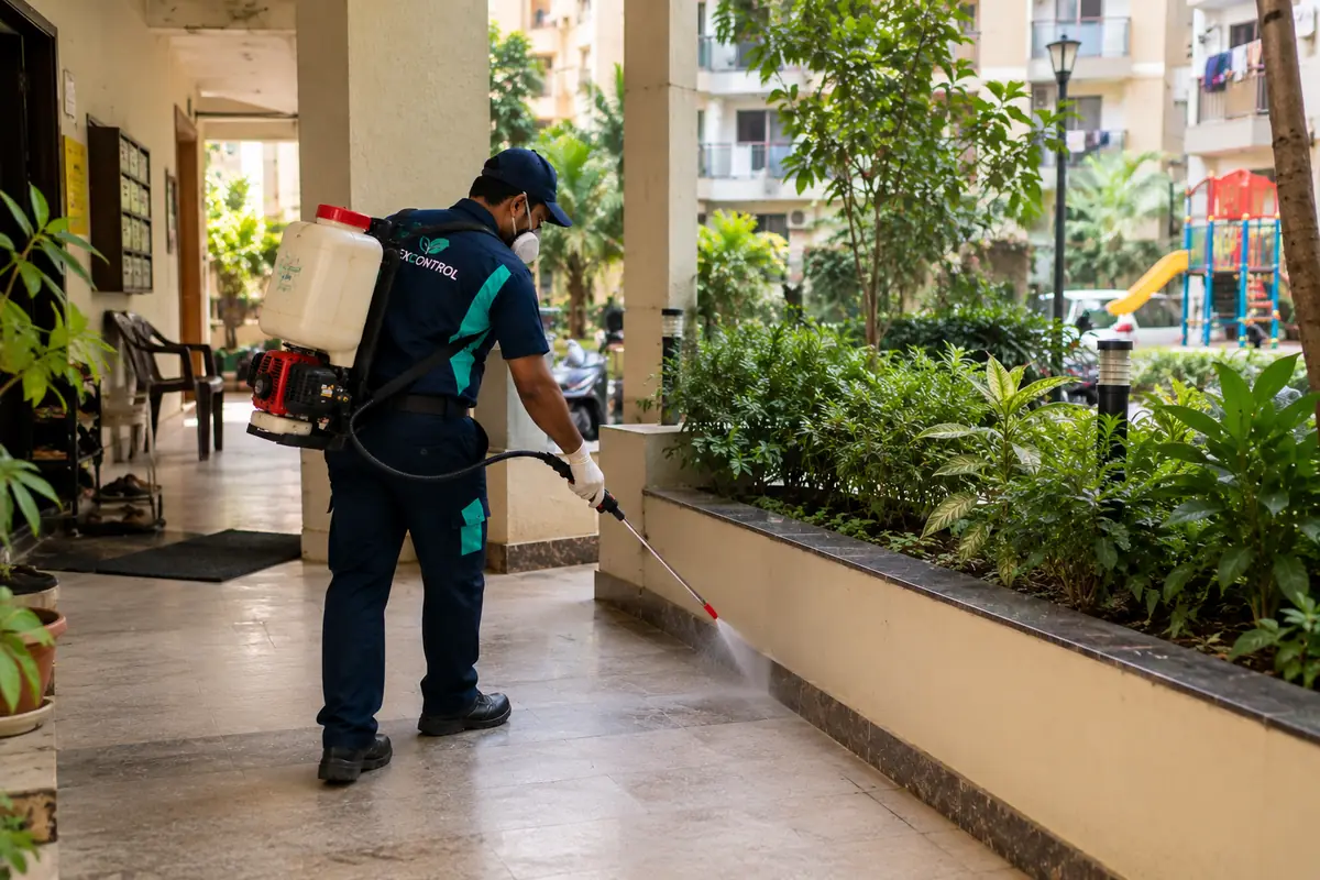 PexControl technician spraying along the garden edge of a Mumbai housing society